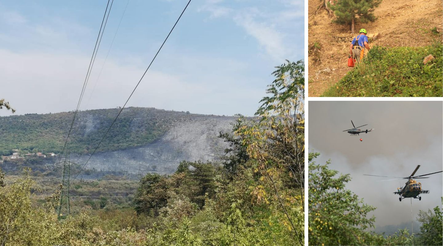 L'incendio rimane acceso, squadre di elicotteri sopra il Carso